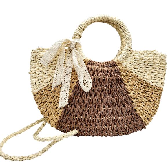 Convertible Brown Beige Colorblock Woven Rattan Straw Handbag Purse Unbranded - Picture 1 of 13